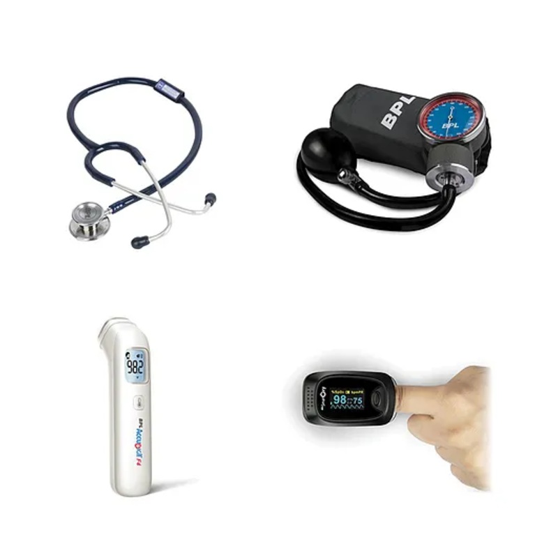BPL Medical Technologies Adult Health Combo - Aneroid Sphygmomanometer + ST-03 Brass Dual Chest Piece Stethoscope + Smart Oxy Oximeter + Accu Digit Infrared F4 Thermometer