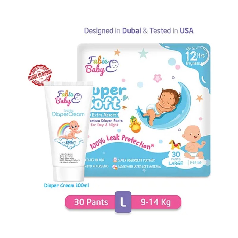 Fabie Baby Premium 12 Hrs Protection Diaper Pants Large (30Pcs) & Diaper Cream (50ml) Combo - Pack of 2