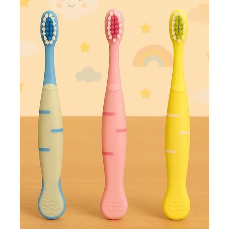 KIDS BASIC Cute Handle Soft Bristle With Tongue Scrapper Kids Toothbrush - Blue, Pink & Yellow (Pack of 3)