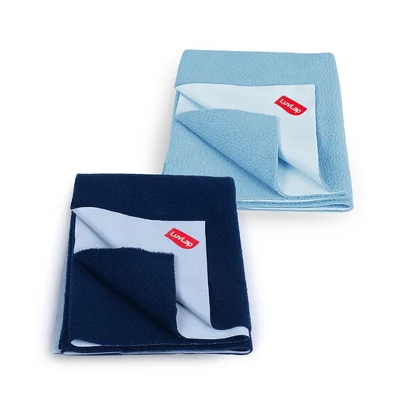 LuvLap Instadry Anti-Piling Fleece Quick Dry Baby Bed Protector, Waterproof, 70x100cm, Pack of 2, Sky Blue & Navy Blue