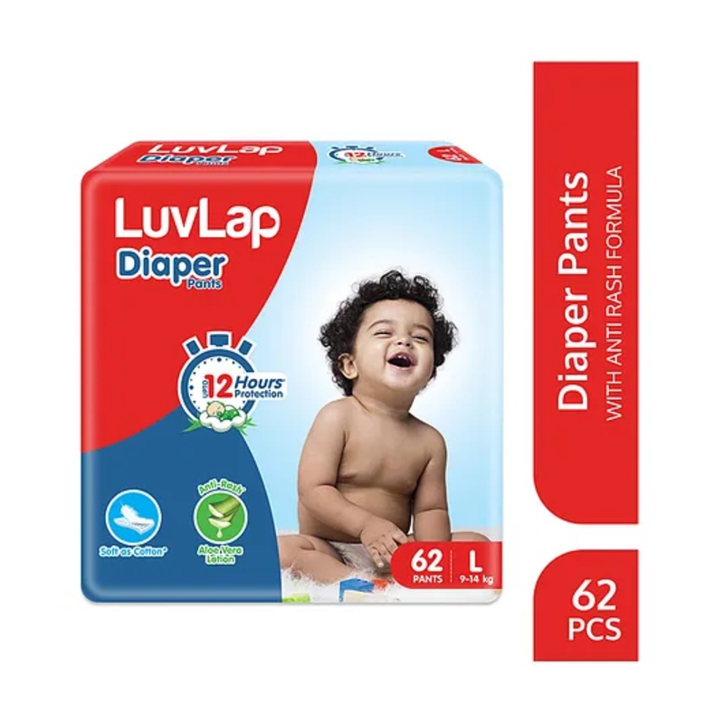 LuvLap Pant Style Baby Diapers, Large (L), 62 Count, Aloe Vera Lotion, 12hr Protection, White