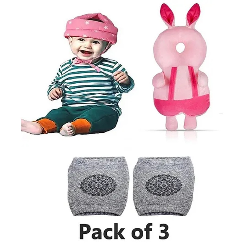 NeonateCare Baby Helmet(Pink Star) Baby Head Protection Cushion Backpack(Pink Rabbit Head protector) With Knee pad(multicolor) pack of 3 utility items