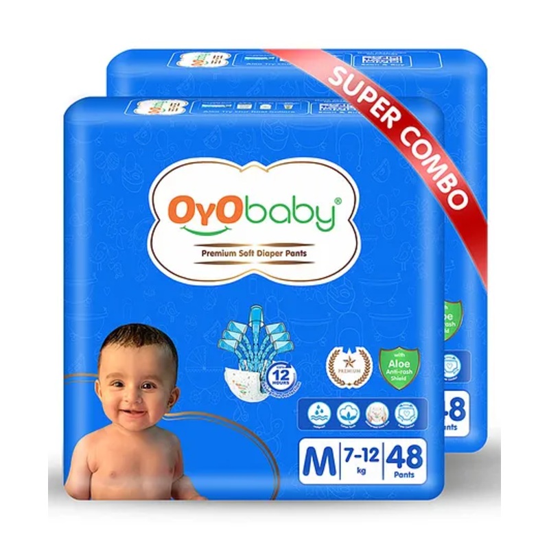 OYO Baby Premium Diaper Pants M Size Medium With Aloe Vera Lotion For Rash Protection  Pack Of-2  With Upto 12Hr Protection For Babies Of 7 To 12Kg