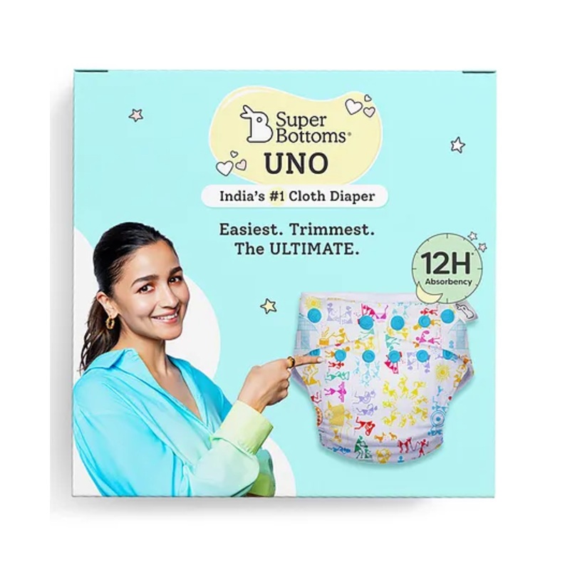 SuperBottoms Freesize UNO Cloth Diaper (3M - 3Y) Reusable with 1 Dry Feel Pad, Absorbs 4-5 Pees - White Warli