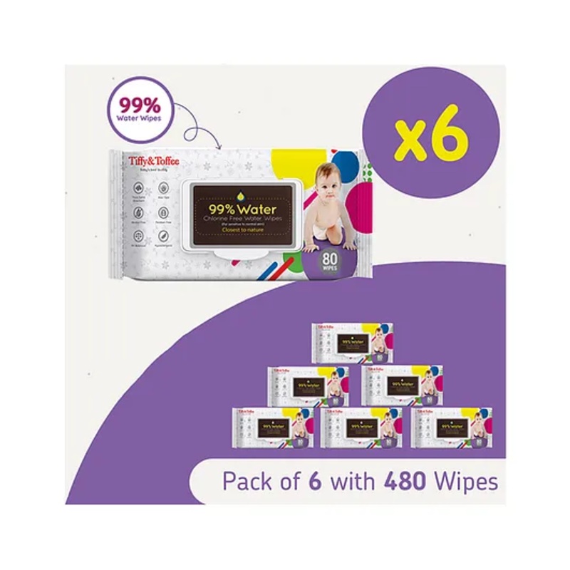 Tiffy & Toffee Premium Baby Skincare Wet Wipes With Aloe Vera Pack of 6 - 80 Pieces Each
