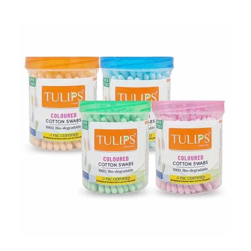 Tulips Biodegradable Cotton Buds Swabs Pack Of 4 Multicolor - 100 Pieces Each