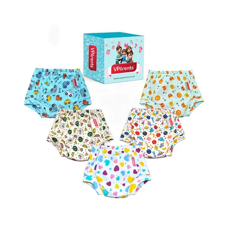 VParents Padded Underwear for Babies and Toddlers with 3 Layers of Cotton Padding Potty Training  Pull Up & Diaper-Free Time Pack of 5 (1 - 2 YEARS )(  Print may vary)