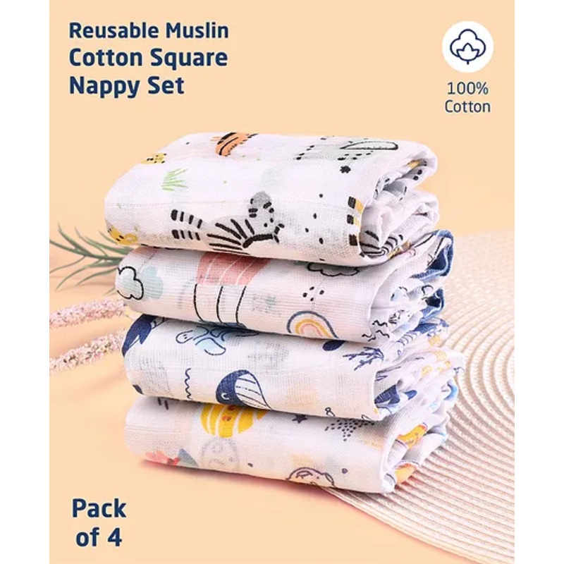 ZOE Printed Reusable Muslin Cotton Square Nappy Set Pack of 4 - Multicolor