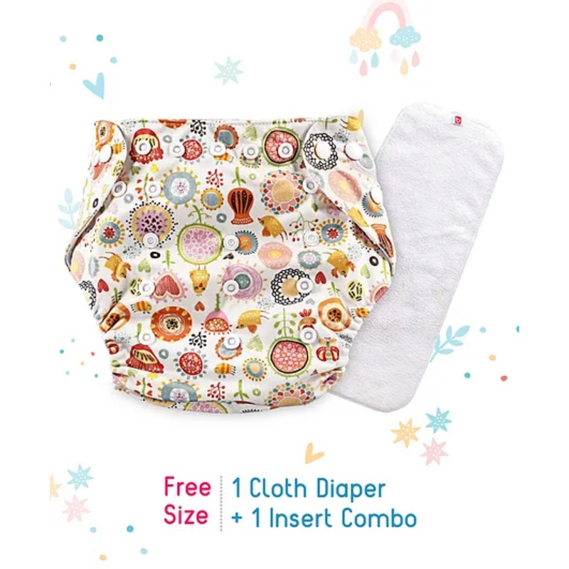 Babyhug Free Size Reusable Cloth Diaper With Insert Floral Print - Cream