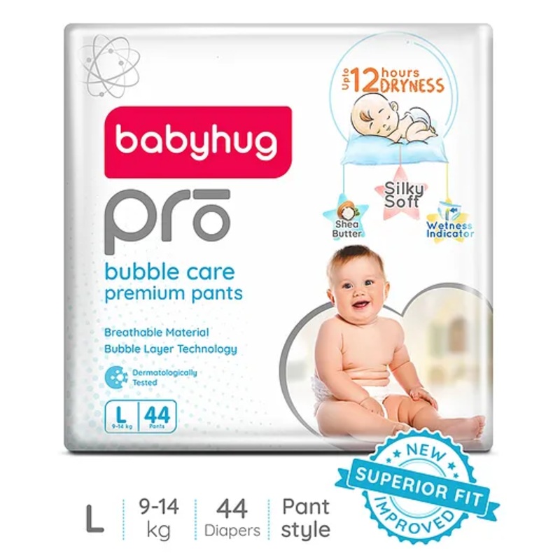 Babyhug Pro Bubble Care Premium Pant Style Diaper Large (L) Size - 44 Pieces - New & Improved Superior Fit