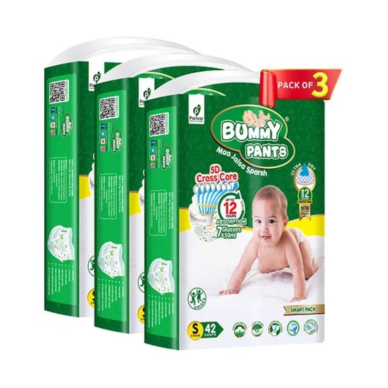 Bummy Pants  Super Dry Baby Diaper in Small size, 84 Pcs Diapers, 5D Core, Anti-Rash Layer, 12 Hrs Protection, 4-8 kg -126 Pieces