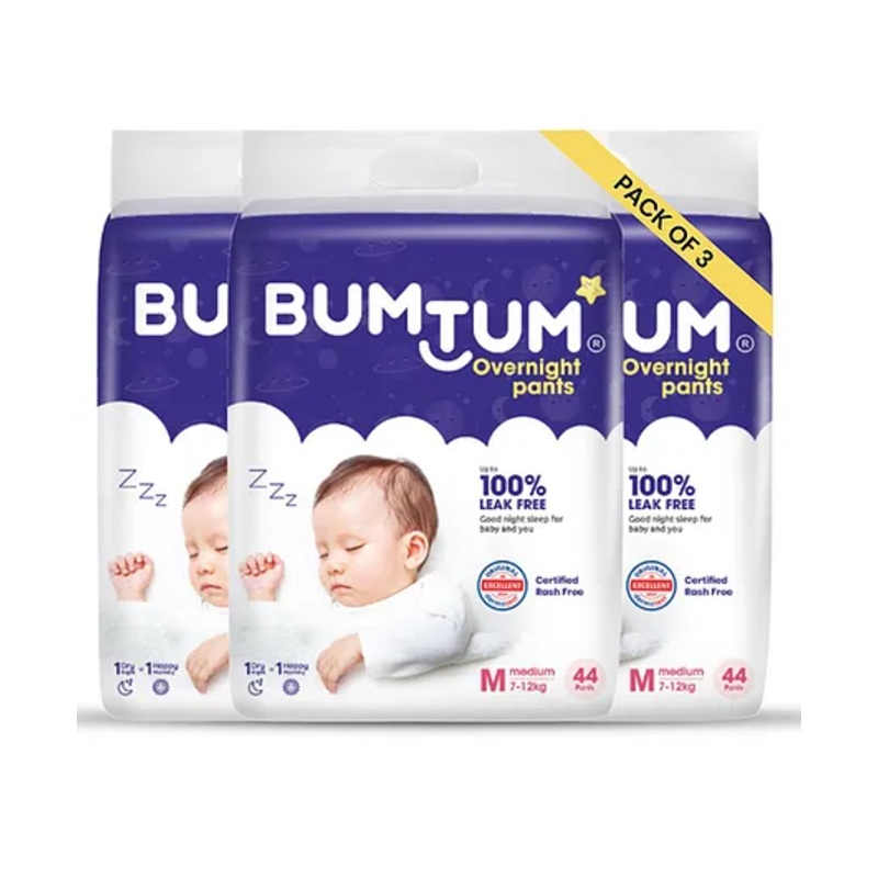 Bumtum Overnight Diaper Pants with Chamomile Microbial Layer Leak Protection & Rash Control Pack of 3 - 132 Pieces