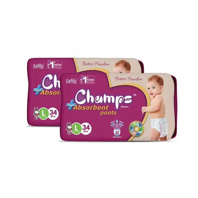 Champs High Absorbent Pant Style Diaper Large Pack of 2 White - 68 Pieces