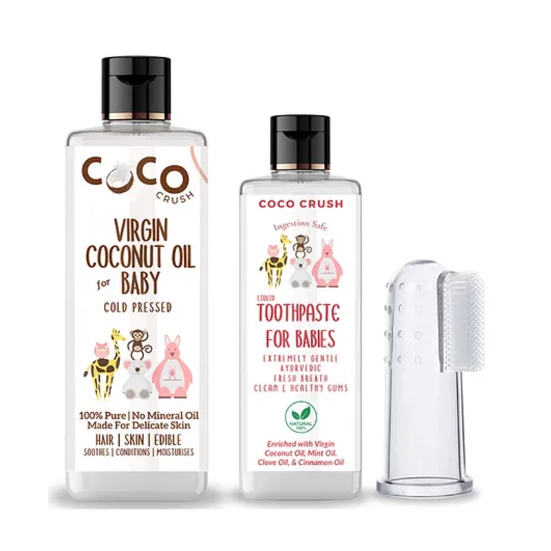 Coco Crush Combo of Virgin Coconut Oil for Babies, 100ml and Ayurvedic Kids Liquid Toothpaste, 50ml & Toothbrush, 1pc
