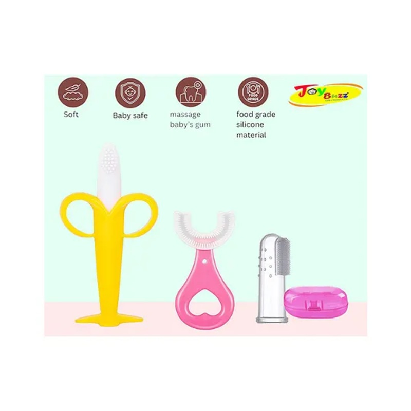 Joy Buzz Silicone Toothbrushes Pack Of 3 - Pink & Yellow