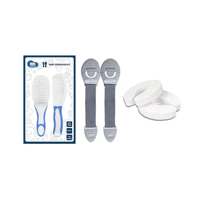 Kids Station Made in India Baby Safety Lock. Baby Proofing Finger Pinch Door Guard and Grooming Kit Combo Pack for Kids, Babies & Pet Safety (Multi, 2 Lock Grey+2 Door Stopper+1 Grooming Kit Blue)
