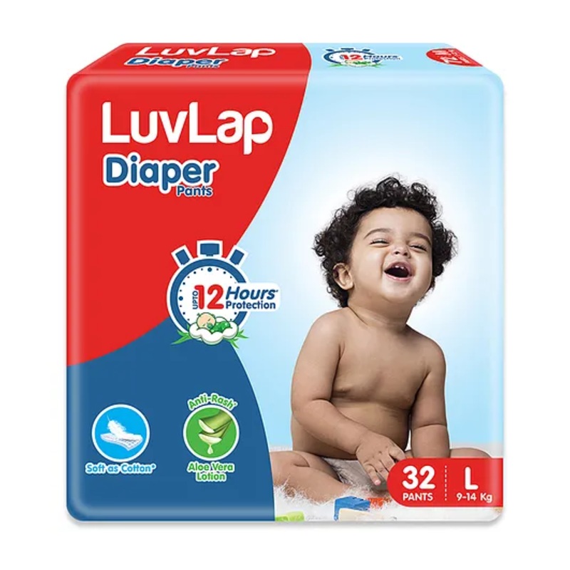 LuvLap Pant Style Baby Diapers, Large (L), 32 Count, Aloe Vera Lotion, 12hr Protection, White