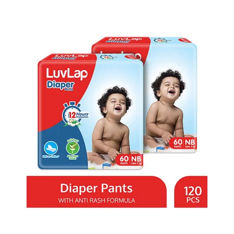 LuvLap Pant Style Baby Diapers, New Born (NB), Pack of 2, 120 Pants, Aloe Vera Lotion, 12hr Protection, White
