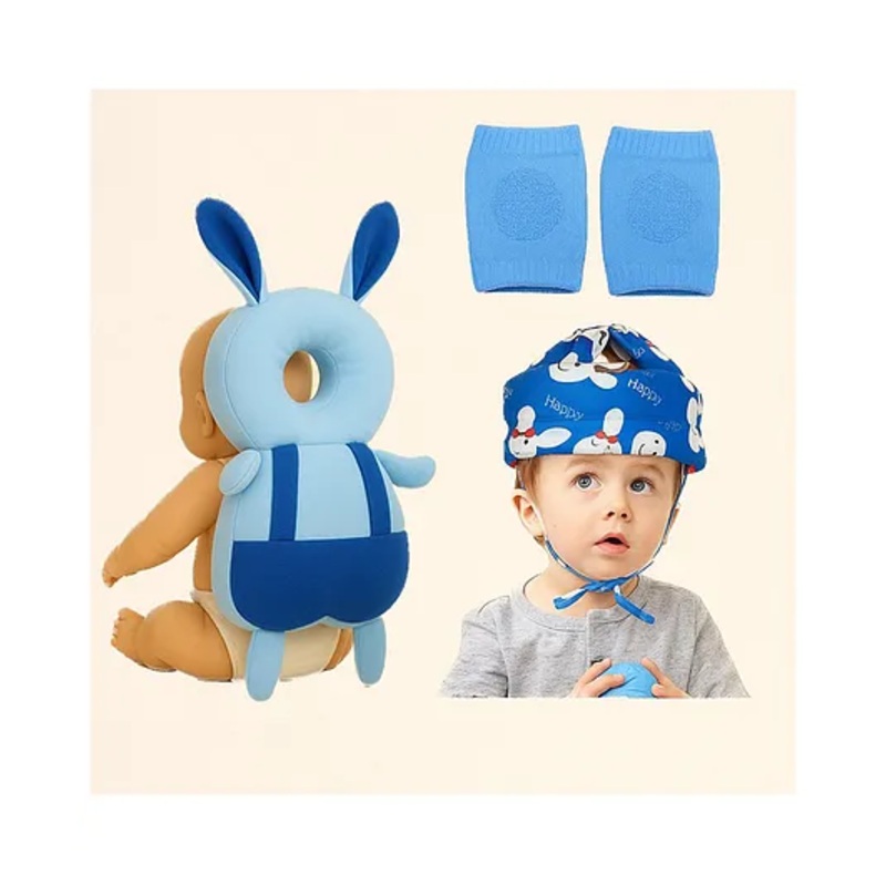 NeonateCare Utility combo of Head protector, helmet and Knee pads (Blue Smiley helmet, Blue Rabbit head protector and multicolor Knee pad ) pack of 3 utility items - Blue
