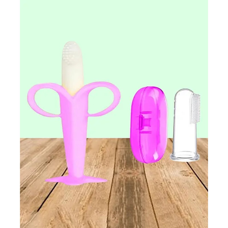 The Cheeky Kidzz Baby Silicone Banana Standing Toothbrush With Soft Bristles Finger Brush For Set Massaging & Cleaning Gums BPA Free (PINK)