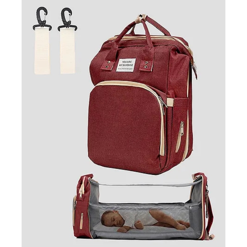 Tinyberg 3-in-1 RestNest Baby Diaper Bag With Foldable Baby Bed & Changing Station,11 Pockets, Usb Port - Royal Maroon