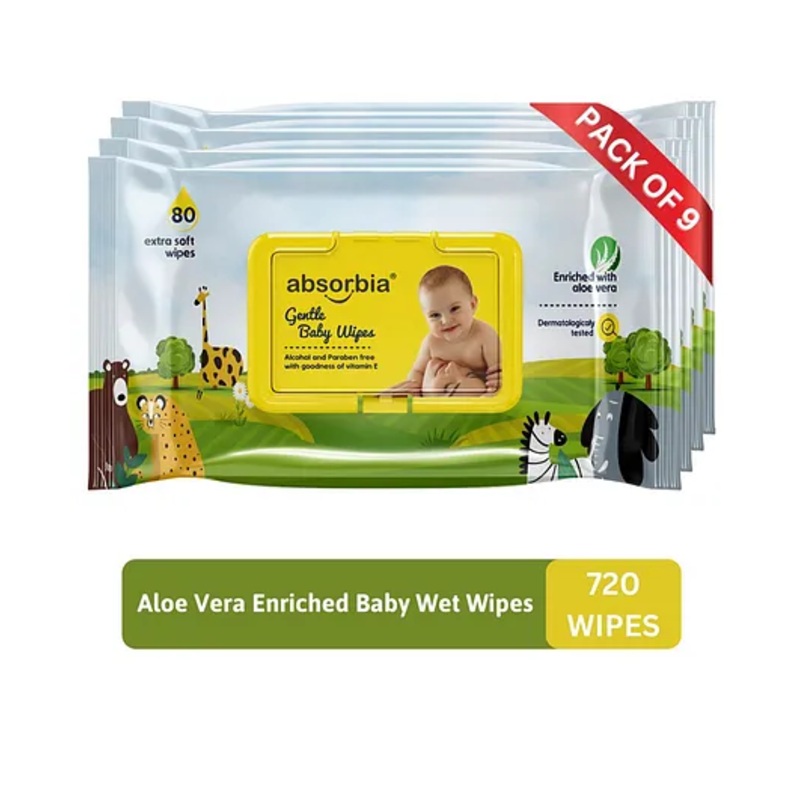 ABSORBIA Baby Wipes - With LID | Aloe Vera Extract | 720 Pieces | Pack of 9