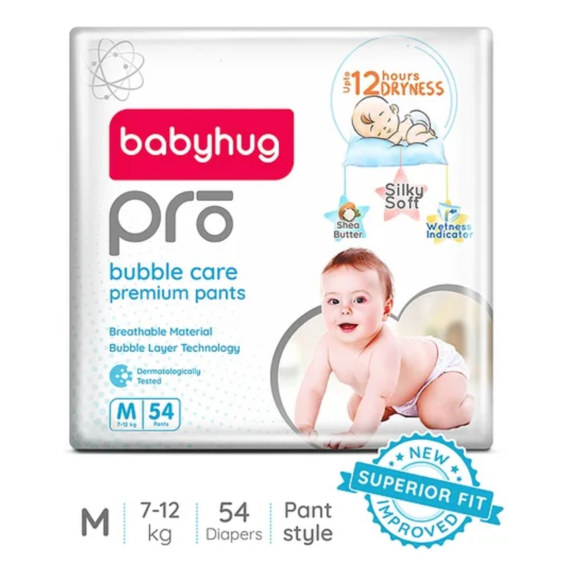 Babyhug Pro Bubble Care Premium Pant Style Diaper Medium (M) Size - 54 Pieces - New & Improved Superior Fit