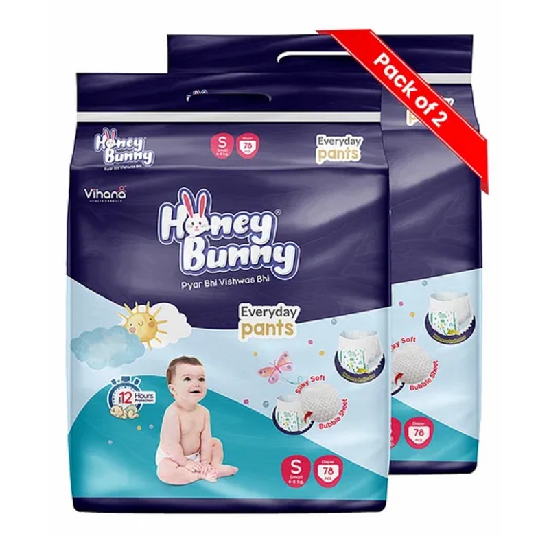 Honey Bunny Everyday Baby Pants Diapers with Wetness Indicator, Silky Soft - Bubble sheet, Small - 78(4-8 kgs) (Pack of 2) 156pcs