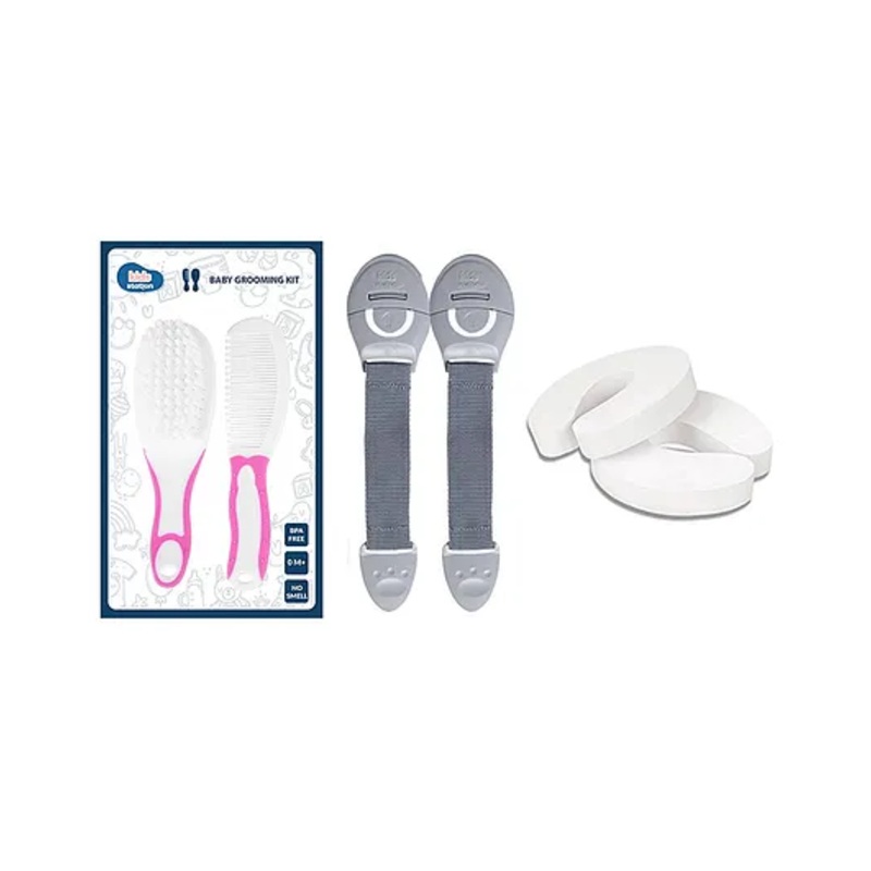 Kids Station Made in India Baby Safety Lock. Baby Proofing Finger Pinch Door Guard and Grooming Kit Combo Pack for Kids, Babies & Pet Safety (Multi, 2 Lock Grey+2 Door Stopper+1 Grooming Kit Pink)