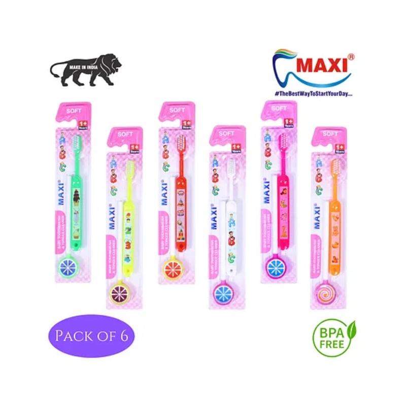 MAXI ABC Baby Toothbrush and Tongue Cleaner-Oral Hygiene Kit Pack of 6 - Multicolour