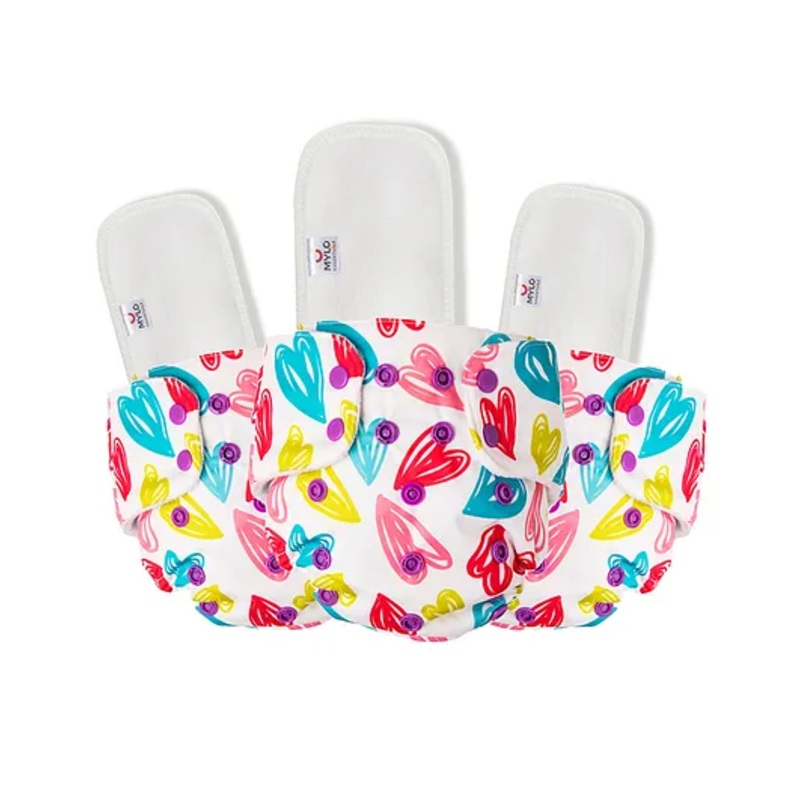 Mylo Baby Freesize Adjustable Cloth Diapers with 3 Free Insert Oeko Tex Certified Pack of 3 Heart Doodles - Multicolour