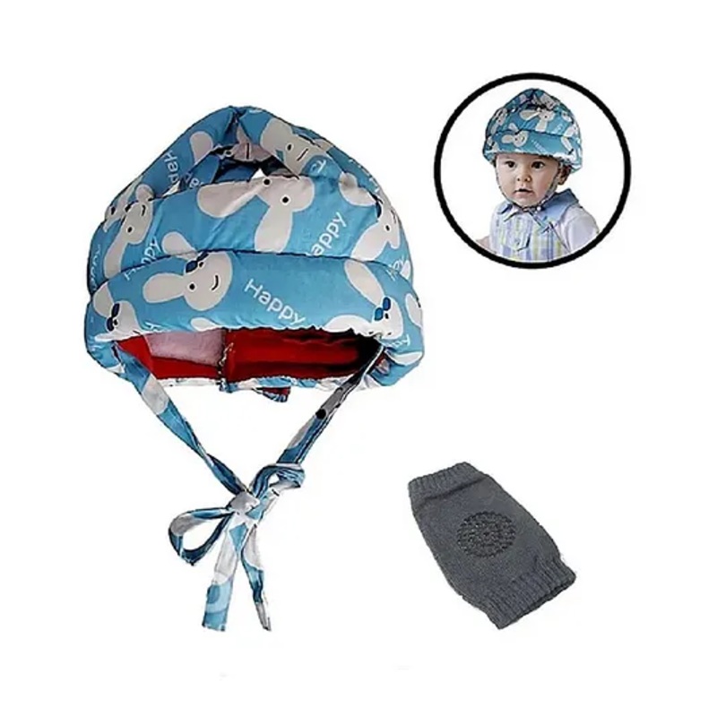 Numum Adjustable Baby Safety Helmet - Blue smiley helmet and kneepads (color and design may vary)