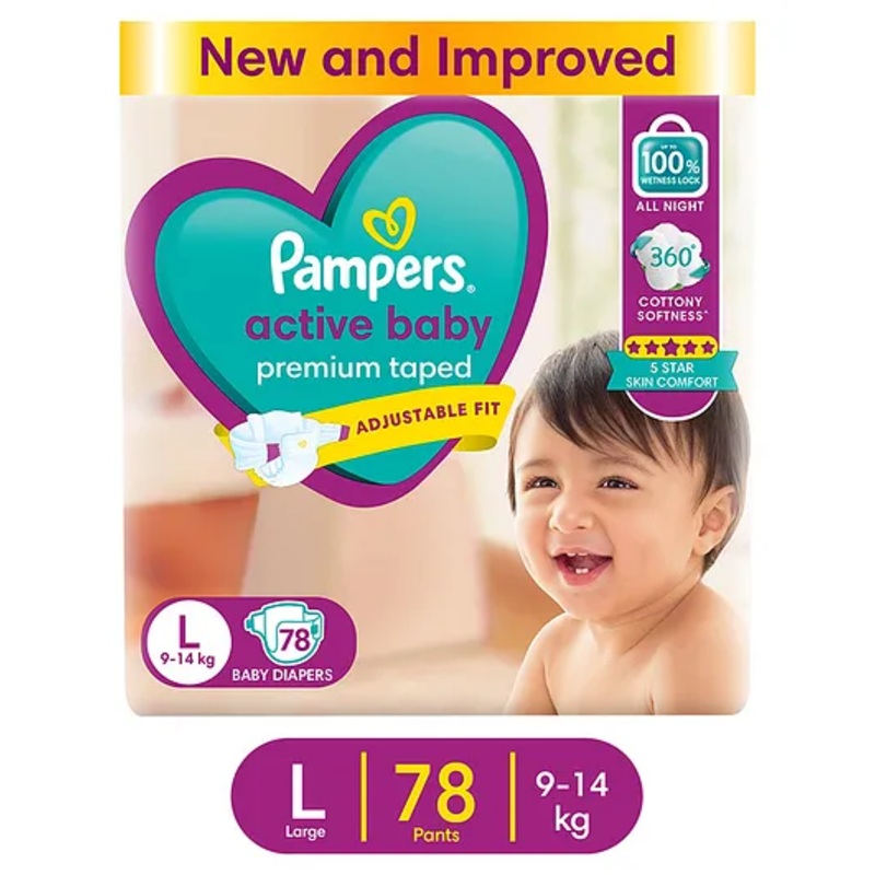Pampers Active Baby Taped Diapers, Large size diapers, (L) 78 count, taped style custom fit