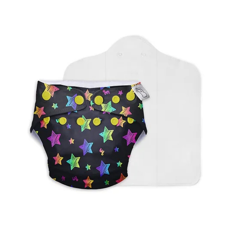SuperBottoms Freesize UNO Cloth Diaper (3M - 3Y) Reusable with 1 Dry Feel Pad, Absorbs 4-5 Pees - Rainbow Twinkles