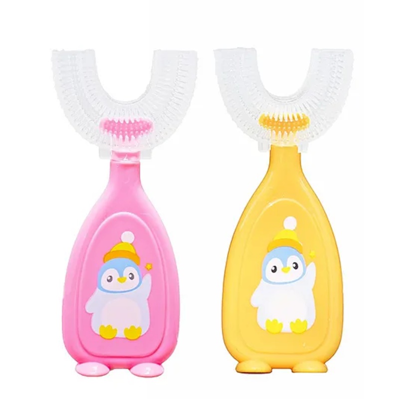THE LITTLE LOOKERS 360 U-Shaped Toothbrush with Food Grade Silicone Head | Soft Bristles & Easy Grip Ideal for Babies & Kids (Pack of 1, Yellow & Pink)