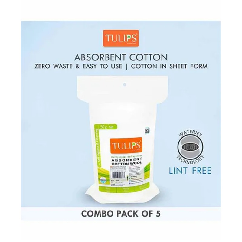 Tulips Absorbent Cotton Wool Pack of 5 - 50 gm Each