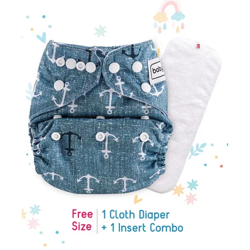 Babyhug Free Size Reusable Cloth Nappies With Insert Anchor Print - Blue