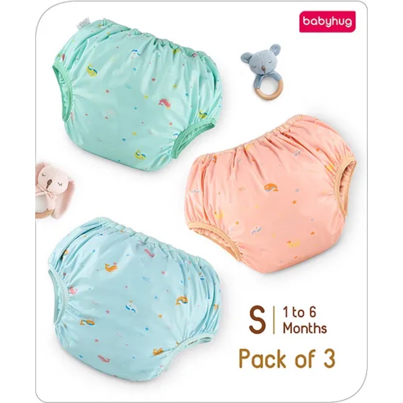 Babyhug Waterproof Pant Style Nappy with Elastic Small Size Set of 3 - Dolphin Print| Reusable| Easy to Clean and Maintain| Leak Proof| Soft Terry Inner Lining