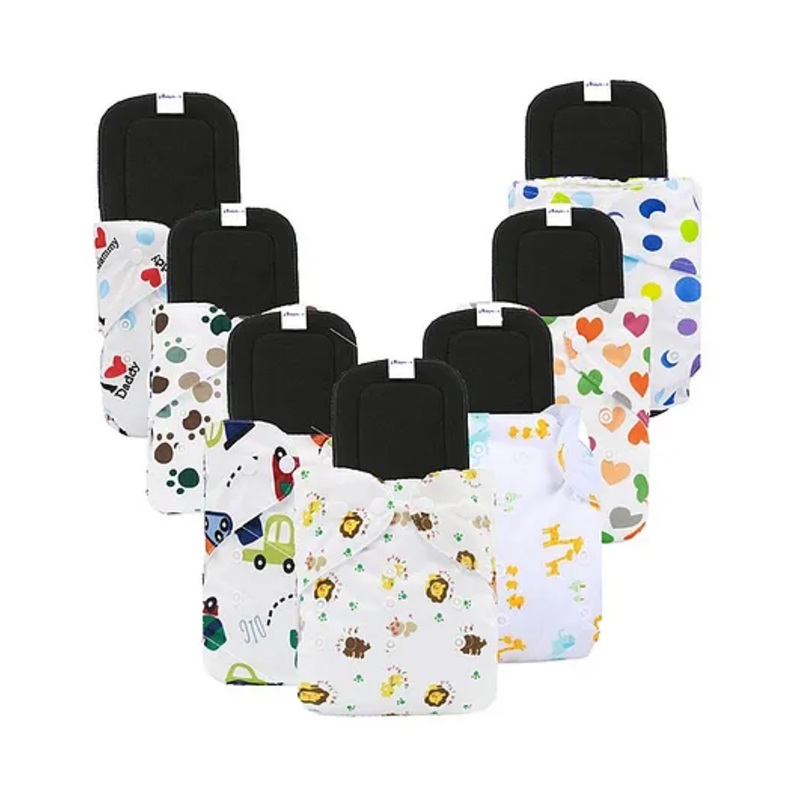 Babymoon Washable & Reusable Cloth Diaper Pocket With Grey Insert Pack of 7 - White Multicolour