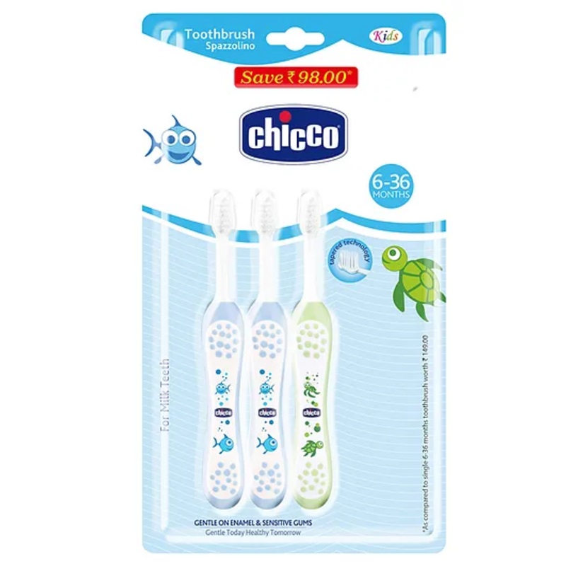 Chicco Toothbrush Turtle & Fish Print Pack of 3 - Blue & Green