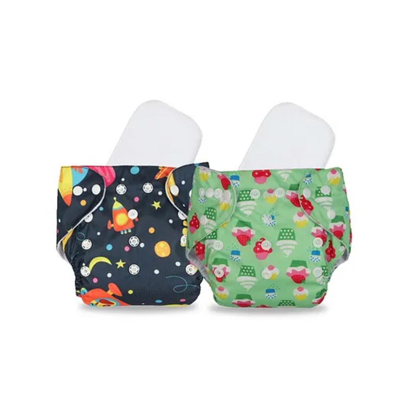 Chinmay Kids Cloth Diaper Cute Prints Freesize Reusable Washable Adjustable Snap Buttons Cloth Diaper For Babies With Wet Free Insert Pads Leak Proof & Dry Feel Pack of 2 - Dark Blue & Green