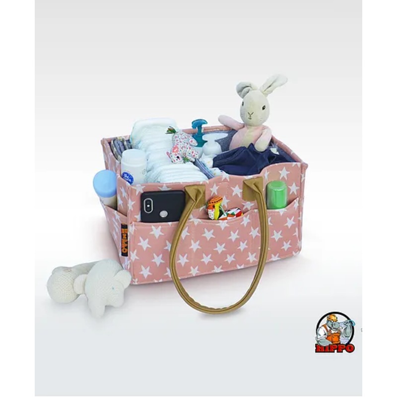 Hippo Star Printed Caddy Diaper Bag with Dual Handle - Pink