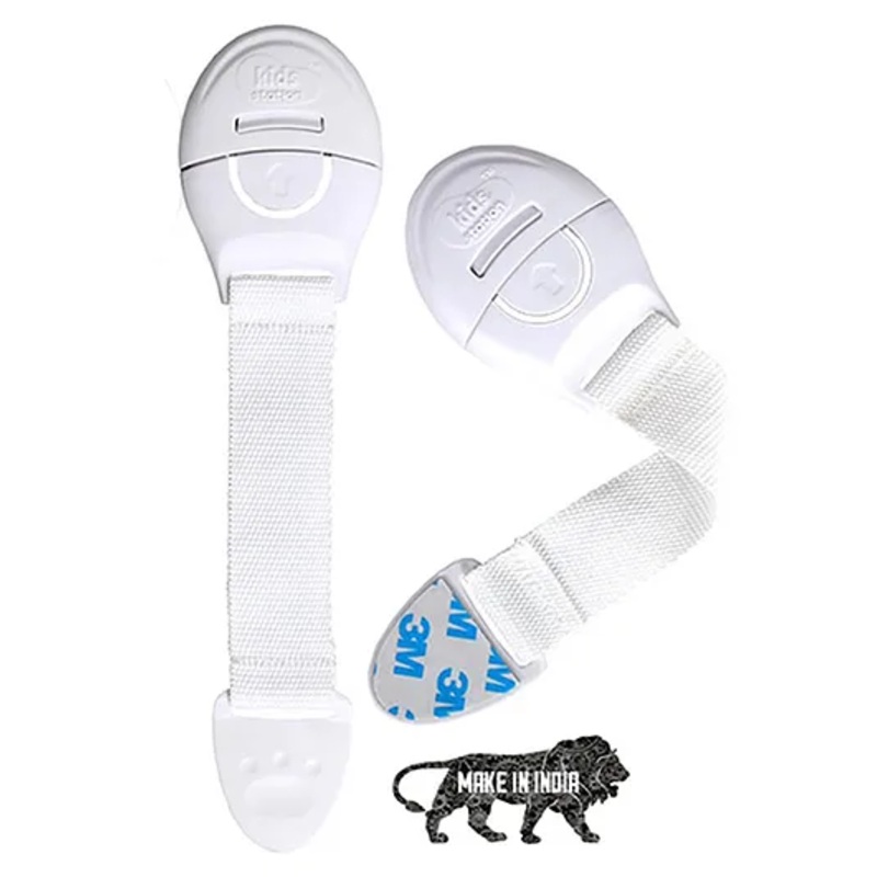 Kids Station Furniture Safety Locks for Kids, Child Safety Locks for Drawer, Cabinet, Cupboard, Baby Proofing Product, Strong Adhesive Safety Lock (White, Pack of 2)