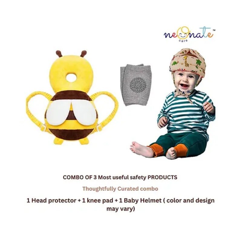 NeonateCare Baby Helmet(Cream Jungle) Baby Head Protection Cushion Backpack(Yellow head protector)With Knee pad(multicolor) pack of 3 utility items