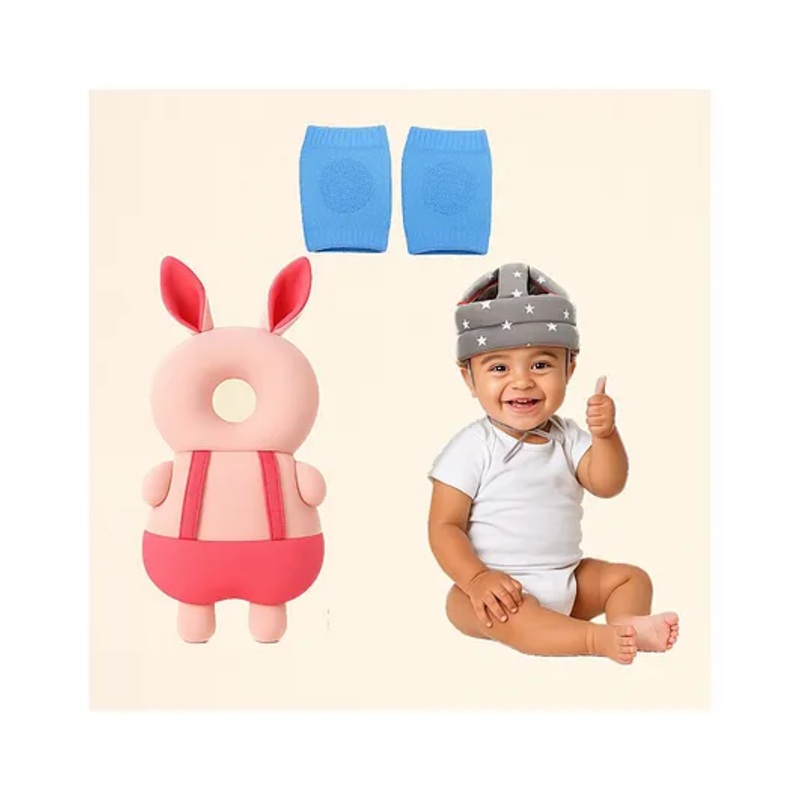 NeonateCare Utility combo of Head protector, helmet and Knee pads (Grey star helmet, Pink Rabbit head protector and multicolor Knee pad ) pack of 3 utility items - MultiColor