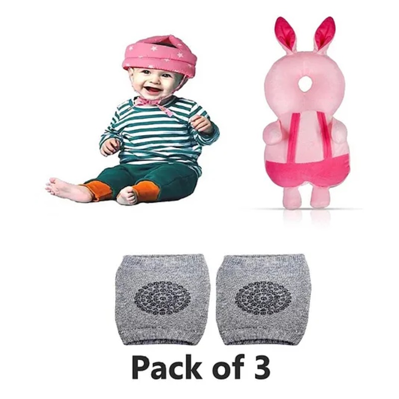 Numum Baby safety Combo of Baby Helmet and Baby Head Protector with knee pads (Pink star and Pink Rabbit protector and Knee pads) (pack of 3)( color and design may vary)