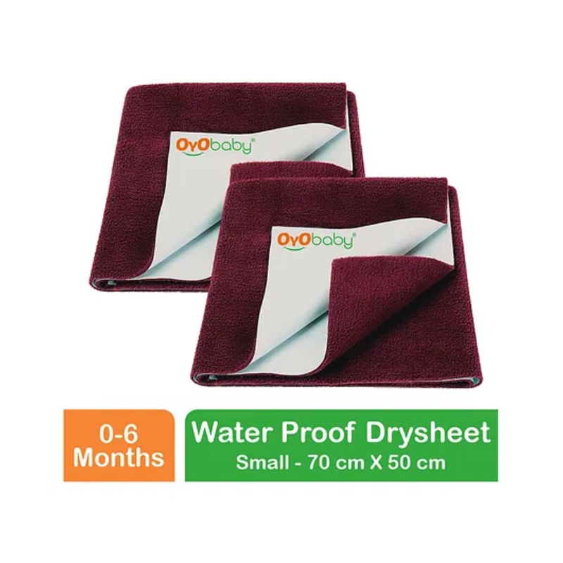 OYO BABY Anti-Piling Fleece Extra Absorbent Instant Dry Sheet, Baby Bed Protector, Waterproof Sheet, Small (70cm x 50cm), Pack of 2 - Maroon