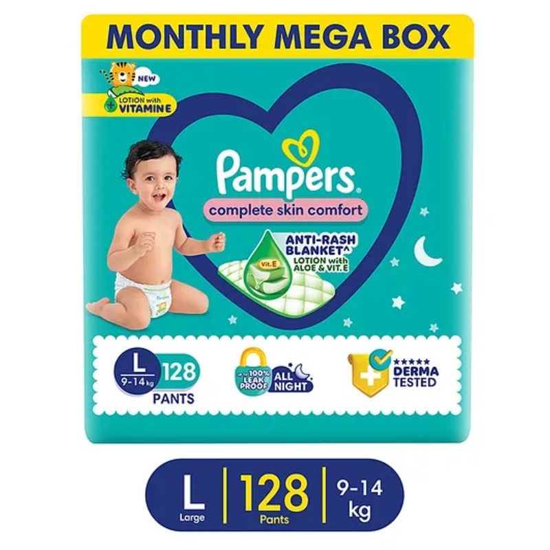 Pampers Complete Skin Comfort Pants, Anti-rash blanket, Lotion with Vitamin E & Aloe Vera,  Large size baby Diapers, (L) 128Count, 9-14 kg
