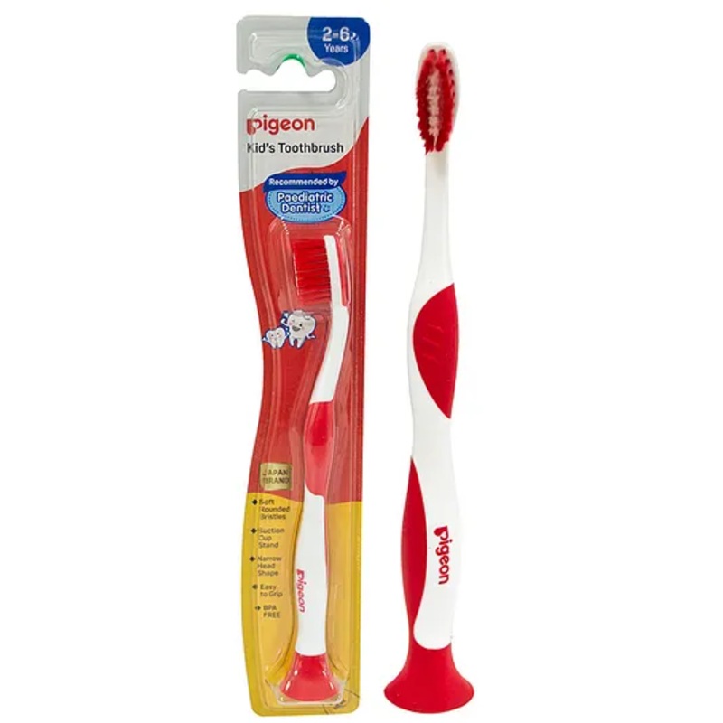 Pigeon Kids Toothbrush BPA Free with Suction Cup Stand - Red