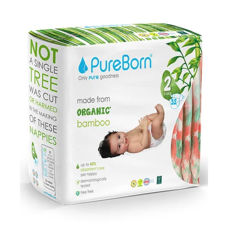 PureBorn Organic Disposable Baby Diapers I Super Soft I Maximum Leakage Protection I Made with Organic Bamboo I Single (Pack Of 32 Pcs), Size 2 (3-6 Kg)